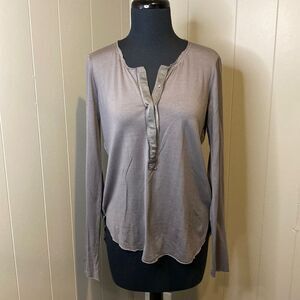 Go Silk Long Sleeve Top 1/2 Button Clasp Distressed Uneven Hems